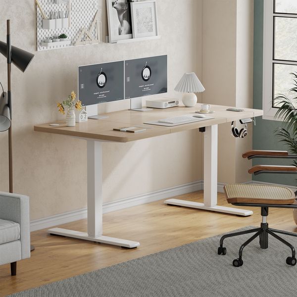 JUMMICO Schreibtisch elektrisch höhenverstellbar mit USB-Ladeanschluss, Beige, 160x70 cm
