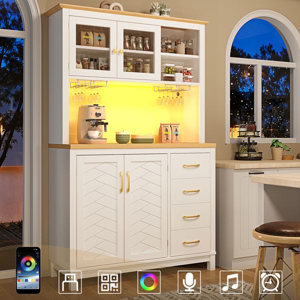 Seitenboard / Aufbewahrungsschrank / Küchenschrank / Buffetschrank, 105.5x40x180cm, Landhausstil, 4 Türen, mit LED-Lichtleiste & Getränkehaltern, Grün/Schwarz/Weiß