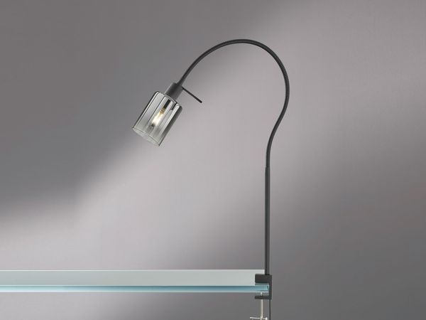 LED Klemmlampe Rauchglas Schwarz, Schwanenhals Leselampe, Breite 8,5cm