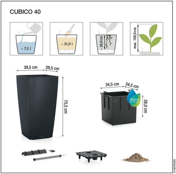 LECHUZA-Pflanzgefäß CUBICO Color 40 Schiefergrau | Pflanzgefäß mit Bewässerungssystem, Wasserstandsanzeiger und Pflanzeinsatz | matte Oberfläche | 39,5 x 39,5 x 75,5 cm | 13158 Bild 10