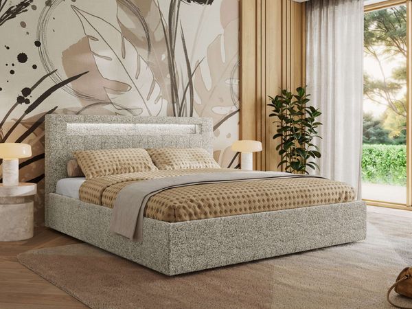 Polsterbett GOLD 5 CLASSIC 200 x 200 cm mit LED-Beleuchtung & Bettkasten, Doppelbett inkl. Lattenrost, Metall-Lift-System & Stauraum, Multipocket Matratze - Beige Struktur - ELORI LUX