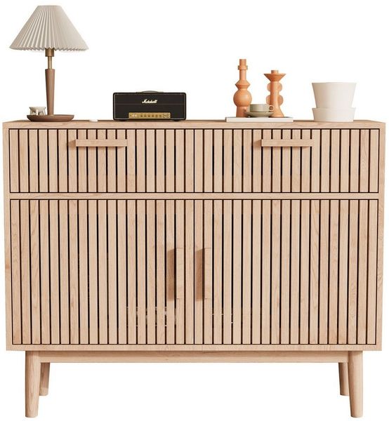 FUROKOY Sideboard Kommode Holz Mit rutschfesten Tischbeinen und Kippschutzvorrichtung, 100x35x80 cm,2 Schubladen und 2 Türen,Geräuscharmem Dämpfungsschlitten