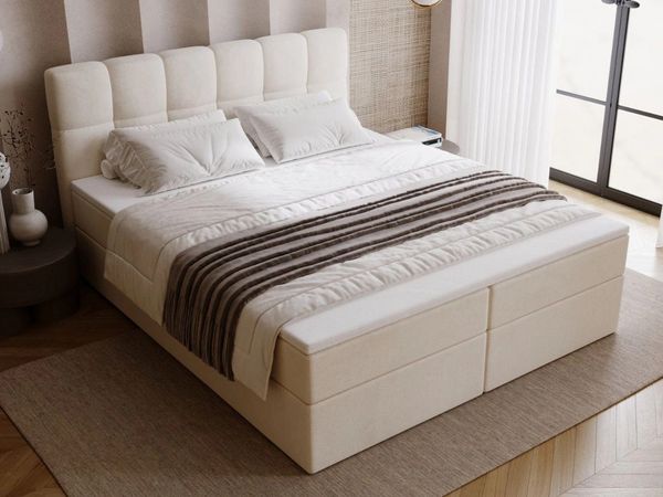 GrainGold Boxspringbett mit Bettkästen MAISON, Bett mit Kopfteil - 140x200 cm, Beige (1x Bett + 1x Topper)