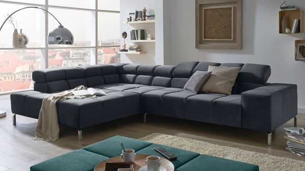 KAWOLA Sofa NELSON Ecksofa Velvet schwarz Recamiere links mit motorischem Sitzvorzug 85 x 216 x 321 cm