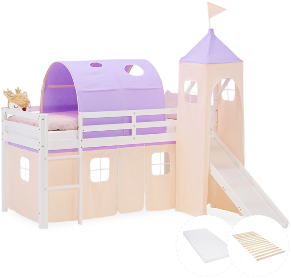 Hochbett Kinder 90x200 cm mit Matratze Rutsche Kinderbett Kinderhochbett Stockbett Vorhang Tunnel Turm Lila Peach