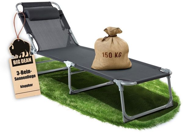 BigDean Sonnenliege klappbar mit Kopfkissen extra hoch dunkelgrau 150 kg belastbar - hochwertige Gartenliege für Balkon, Garten & Strand