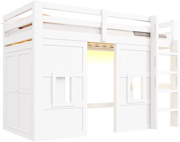 90 x 200 cm gro?es Hochbett aus Holz mit integriertem Kleiderschrank, 2 Fenstern und LED-Beleuchtung, wei?