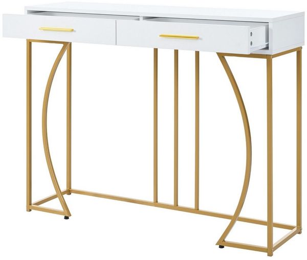 IDEASY Konsolentisch Flurtisch mit 2 Schublade,Leichter Luxus-Stil Beistelltisch (Elegant und modern Frisiertisch mit goldfarbenen Metallbeinen), 120x38x76 cm sideboard flur für Schlafzimmer, Wohnzimmer, Flur