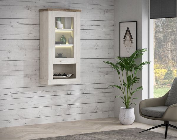FORTE Duro Hangevitrine, Holzwerkstoff, Weiß/Beige/Braun, 71,4 x 136,5 x 34,1 cm