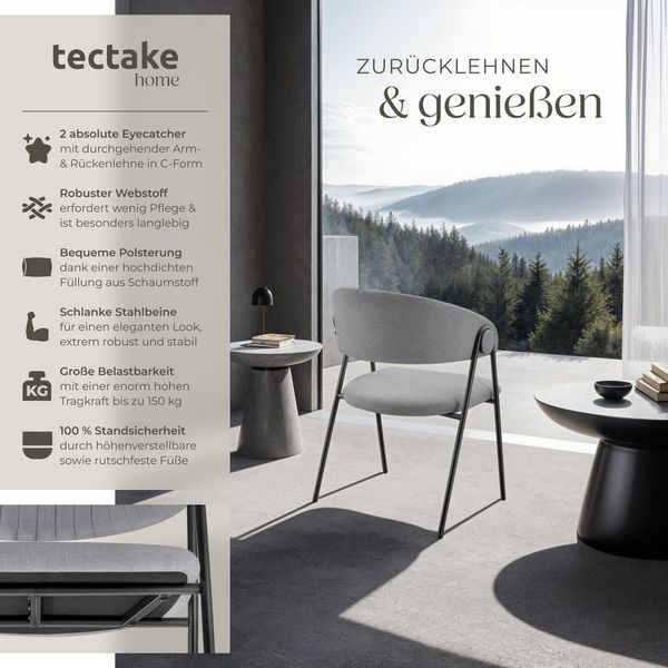 tectake Esszimmerstuhl Armlehnstuhl Bedano, gepolstert, Webstoff, Belastbarkeit 150 kg (Set, 2 St), Durchgehende Arm- und Rückenlehne in C-Form mit elegantem Steppmuster