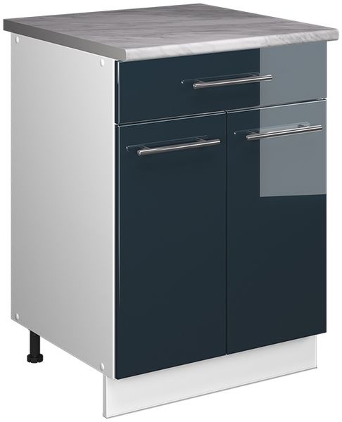 Unterschrank für Spüle/Kochfeld Fame-Line Dunkelblau Hochglanz/Weiß 60 cm mit Schublade, AP Marmor Vicco