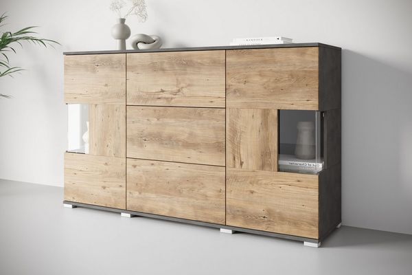 OTTO home Sideboard Kenia (1 St), Sideboard mit 3 Schubladen, 6 Fächern, Glastüren, Breite 150 cm