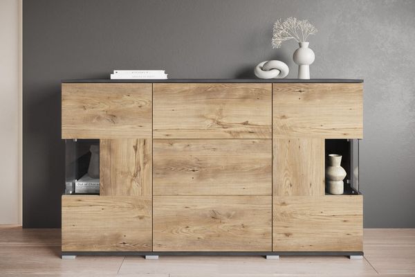 OTTO home Sideboard Kenia (1 St), Sideboard mit 3 Schubladen, 6 Fächern, Glastüren, Breite 150 cm