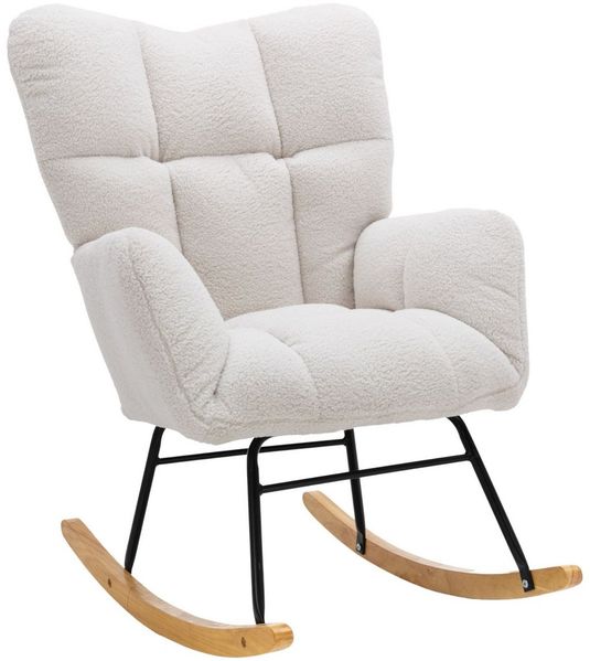 SeedWave Schaukelstuhl im Mid-Century-Stil mit Teddy-Velours, ergonomischer Rückenlehne, Kopfstütze, Gummibaumholzrahmen, leise & rutschfest