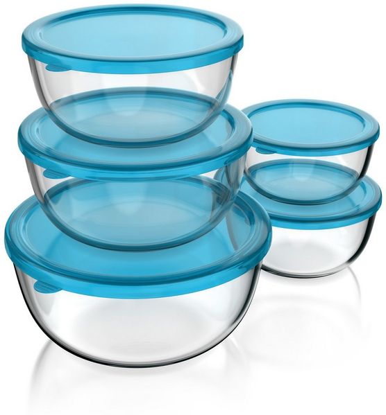 Arendo Salatschüssel 5x Glasschüsseln + Deckel 1L, 1,5L, 2L, 2,7L & 4,4L, Glas Rührschüssel, Glas, (5er Set, 5-tlg), Glasschale, BPA-frei, Spülmaschinen und Mikrowellen geeignet