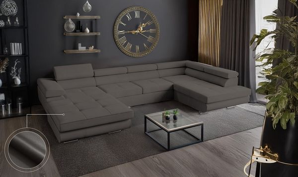 Goldstoff Wohnlandschaft mit Schlaffunktion, Couch für Wohnzimmer - Schlafsofa - Eckcouch, VENUS - Sofa U Form, Ecksofa mit Schlaffunktion und Bettkasten in grau