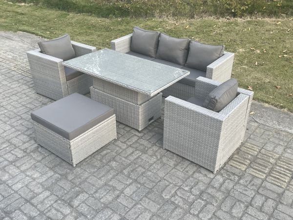 Fimous Rattan Gartenmöbel Set mit Sofa; Höhe verstellbar Esstisch und Hocker;Sessel;Outdoor Terrassen Essgruppe 5-teilige Sitzgruppe Helles Grau