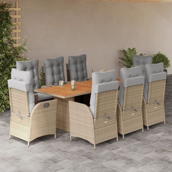 vidaXL 9-tlg. Garten-Essgruppe mit Kissen Beigemischung Poly Rattan 3213150