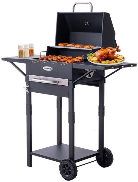 HOMAVO Holzkohlegrill mit Deckel, 2 Seitentische, Grillfläche: 45×32cm, Höhenverstellbarer Grillrost mit 2 Stufen (ohne Abdeckung)