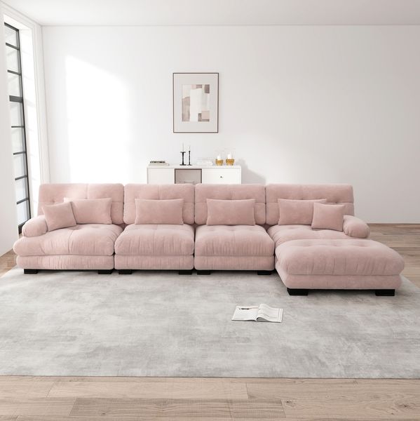 Modulares Ecksofa 81cm×406cm×145cm mit beweglichem Ottoman – Chenille in Rosa, Cloud-Look mit weichen Armlehnen