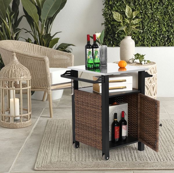 Servierwagen 76 x 57 x 85 cm mit Rollen – Outdoor-Küchenwagen in Braun mit Edelstahlplatte und Stauraum
