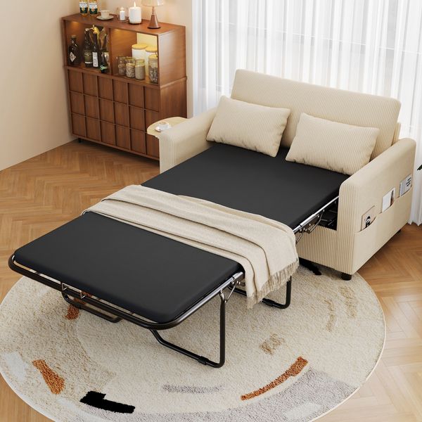 Merax Ausziehbares 2‑Sitzer‑Schlafsofa mit Schlaffunktion, USB‑Ladeanschluss, klappbarem Seitentisch, Matratze, zwei Bettlaken und zwei Kissen, Beige