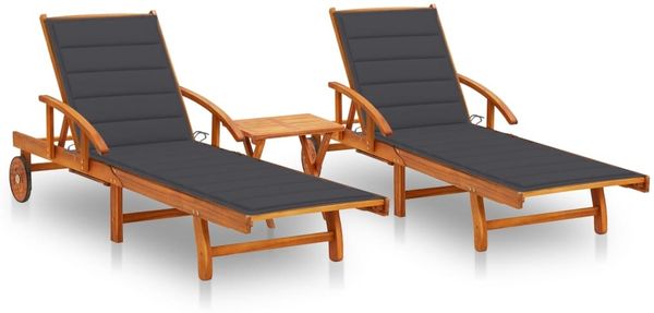 vidaXL Sonnenliegen 2 Stk. mit Tisch und Auflagen Massivholz Akazie 3077345