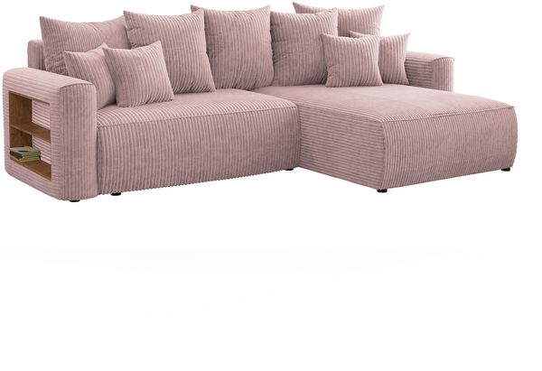 MEBLINI Schlafcouch mit Bettkasten - 260 x 160 x 78 cm - Altrosa Cordstoff - NAPLES - Kleines Ecksofa mit Schlaffunktion - Sofa mit Relaxfunktion und Kissen - Kleine Couch L-Form - Eckcouch