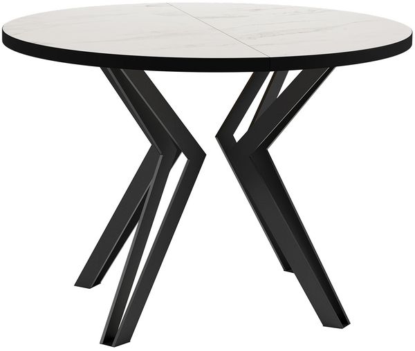 Ausziehbarer Esstisch Rossir mit 2 Einlageplatte, Runder (Farbe: Schwarz / Bianco Marmor)