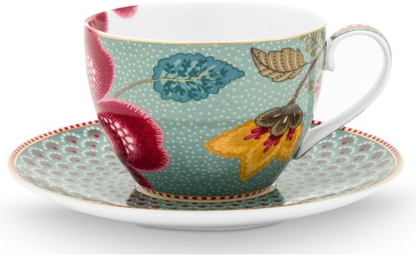 PiP Studio Tasse Blooming Tales Fantasy Blue Tasse mit Untertasse 0,3l Set2, Porzellan