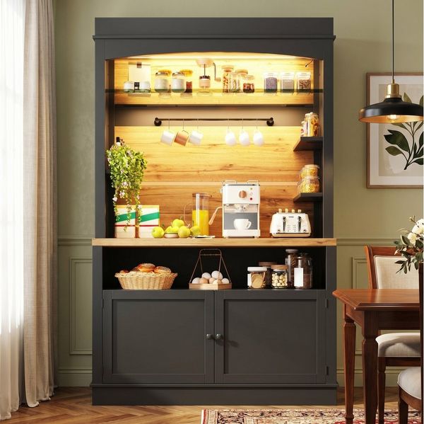 Flieks Küchenbuffet mit LED-Beleuchtung, Gläserhalter und Ablagen (1-St, 107 x 43 x 184 cm) Hochschrank Küchenschrank Buffetschrank mit Stauraum Schwarz