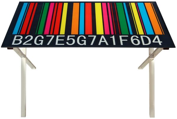 DRW DonRegaloWeb - Metalltisch verchromt auf Glas dekoriert mit einem farbigen Barcode