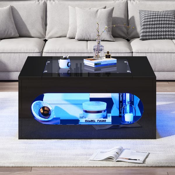 Quadratischer Couchtisch mit gehärtetem Glas & LED-Beleuchtung in Schwarz - 70x70x35 cm