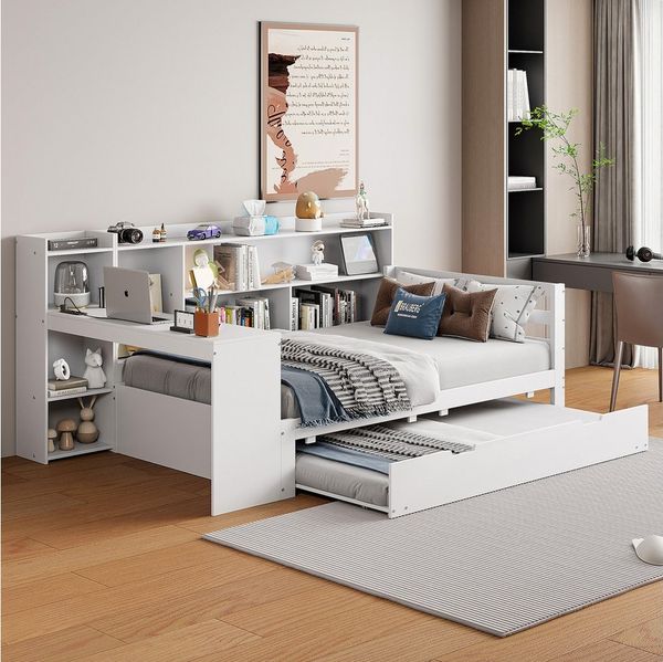 OKWISH Schlafsofa Tagesbett Jugendbett Kinderbett Daybett, aus Massivholz mit ausziehbarem Bett, Schreibtisch, Regalen, Ablagefächern & Steckdose 90x200 cm, Ohne Matratze
