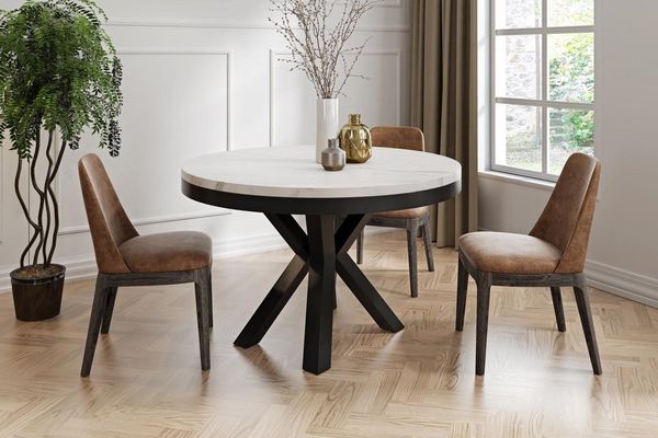 Runder Ausziehbarer Esstisch Weiß - Tisch im Loft-Stil mit Metallbeinen - Industrieller Tisch für Wohnzimmer - Spacesaver - Weisser Marmor - Schwarz - 120 cm