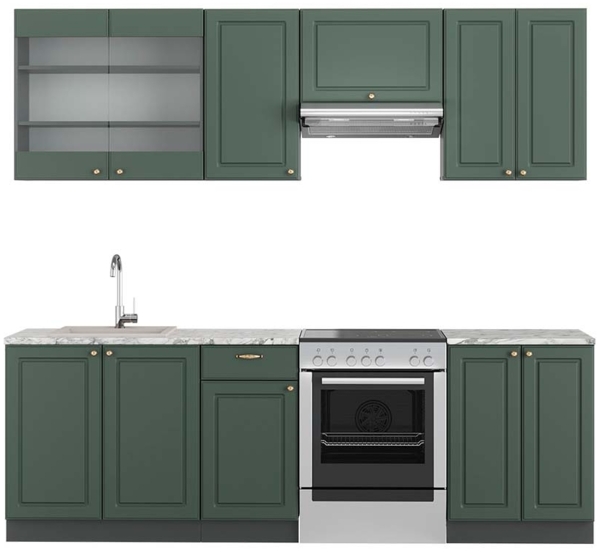 Küchenzeile Fame-Line Grün-Gold Landhaus/Anthrazit 240 cm , AP Marmor Vicco