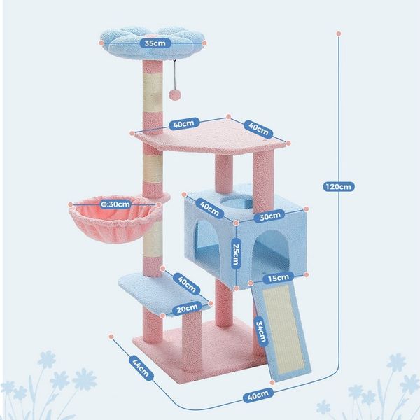 PETEPELA Kratzbaum Blumen-Kratzbaum für Katzen, Niedliches Design mit großem Schlafhaus, Platzsparend,120cm,blau, grün