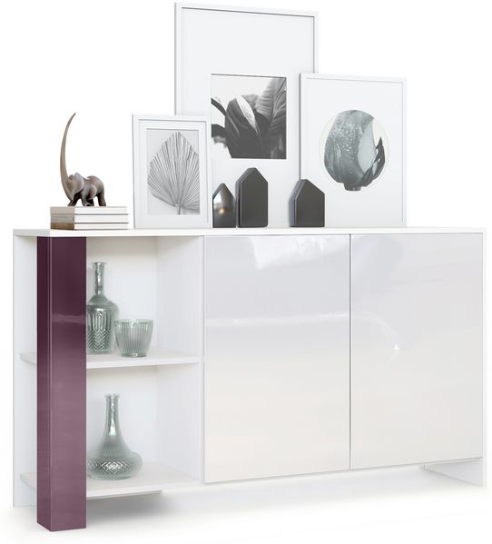 Sideboard Canto, lange Anrichte mit 2 Türen und 6 Fächern, Korpus Weiß matt, Fronten Weiß Hochglanz, Dekor-Paneele Brombeer Hochglanz (143 x 81 x 36 cm)