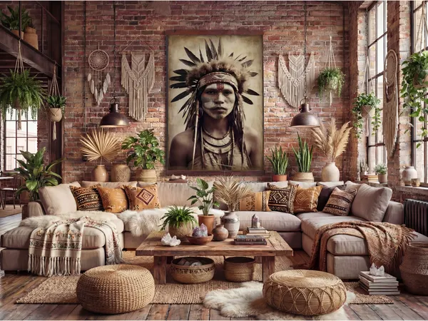 massivum Canvas Wandbild 90x150 cm Heritage Motiv 5 Boho Ethno Portrait Altholz XXL Wanddeko Hochformat Kunstdruck Rechteckig