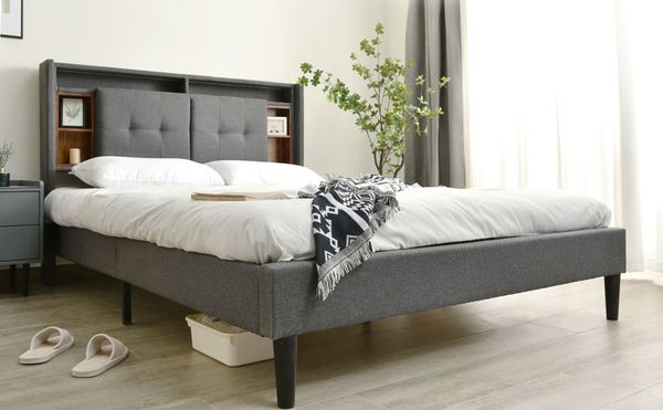 Polsterbett 160×200 cm mit Stauraum-Kopfteil, LED & USB/Steckdosen, Grau