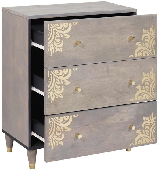 Sideboard, Kommode Grau und Gold 60 x 33 x 75 cm Massivholz Mango j1703p