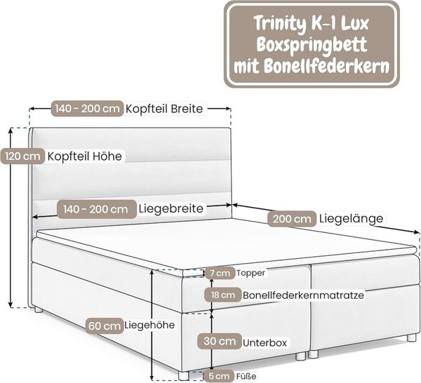Best for Home Boxspringbett Trinity K-1 LUX – Modern Boxspringbett mit Stauraum & Komfort (140x200 160x200 180x200 200x200 cm), Verschiedene Liefermöglichkeiten, TOP Preis-Leistungs-Verhältnis