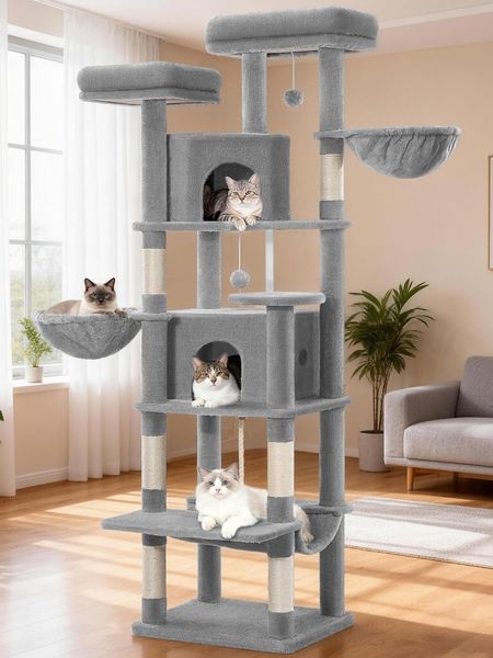 Kratzbaum Groß 175 cm, Katzenbaum XL, Kratzbaum Grosse Katzen Stabil mit Kratzsäulen, 2 Gemütlichen Höhlen, 2 Plattformen, 2 Körben, Hängematte, für den Innenbereich, Hellgrau