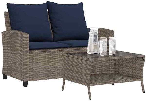 vidaXL Gartensofa 2-Sitzer mit Kissen & Tisch Grau Poly Rattan 4103852