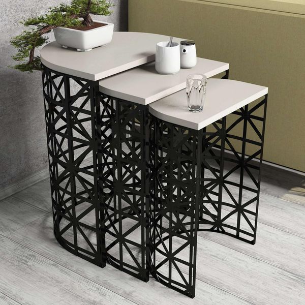 Modern Nesting Table Set (3 Pieces) - Cream & Black, 100% Melamine Coated, Metal Frame, 18mm Thick | Stylish & Functional for Home & Office