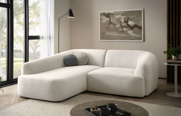 DOMO. collection Ecksofa 100 026, kleine Couch in L-Form, mit Taschenfederkern, organische Form, Sofa, Polsterecke, Eckcouch, Polstergarnitur 216 x 196 x 76 cm (BxTxH), creme