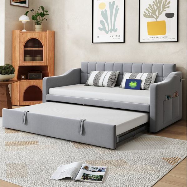 REDOM Polsterbett Schlafsofa Funktionsbett (90/180x190 cm – Integrierte Ablagefächer, USB-Ladeanschluss, Hochwertiger Samtstoff, Perfekt für Gästezimmer & Wohnzimmer, Daybett Tagesbett Schlafsofa), Ohne Matratze