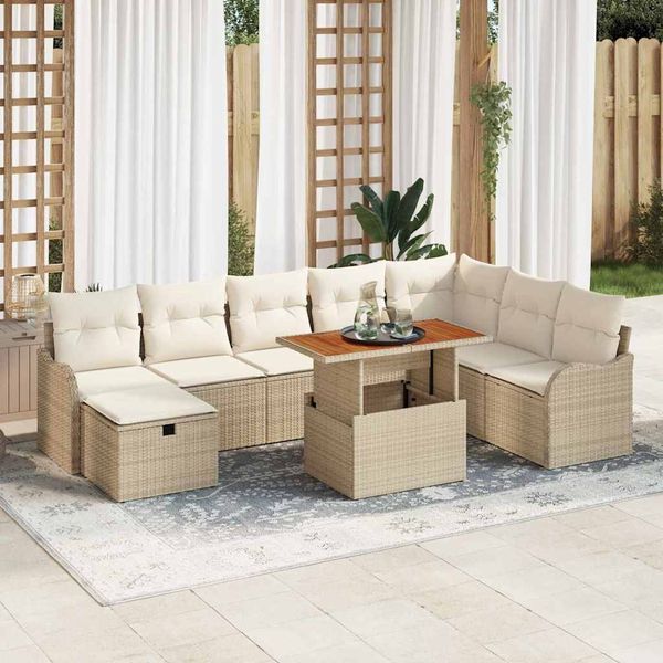 vidaXL Gartensofa-set mit Kissen mit Speicher 9 pcs Beige Poly-Rattan 3359956