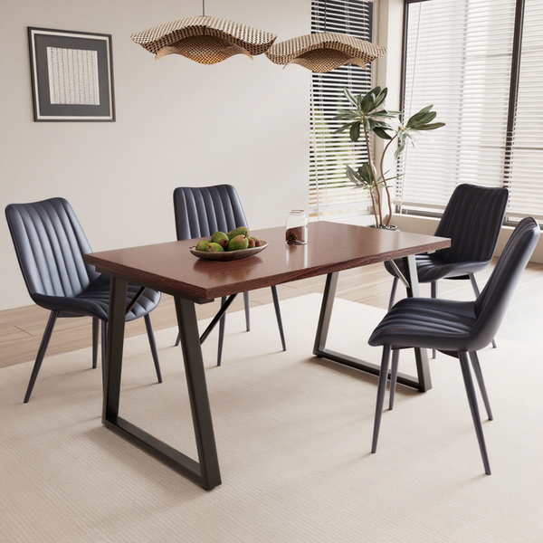 HOMAVO 5-Teiliges Esszimmerstühle, Metall & MDF Esstisch 140x75x80cm (Holzoptik), 4er-Set Stuhl (Kunstleder Schwarz)