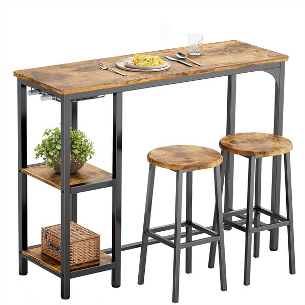 Bealife Bartisch mit Barhocker-Set für 2 Personen, Kneipentisch-Set mit 2 Ablagen und Glashalter, Küchen-Bartisch-Set für Küche, Wohnzimmer, Esszimmer (Retro)